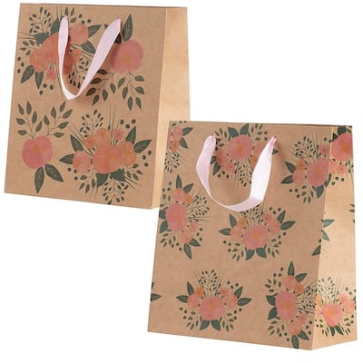 Juvale 24 Pack Kraft Paper Floral Gift Bags with Pink Ribbon Handles, 2 Designs, 9 x 8"