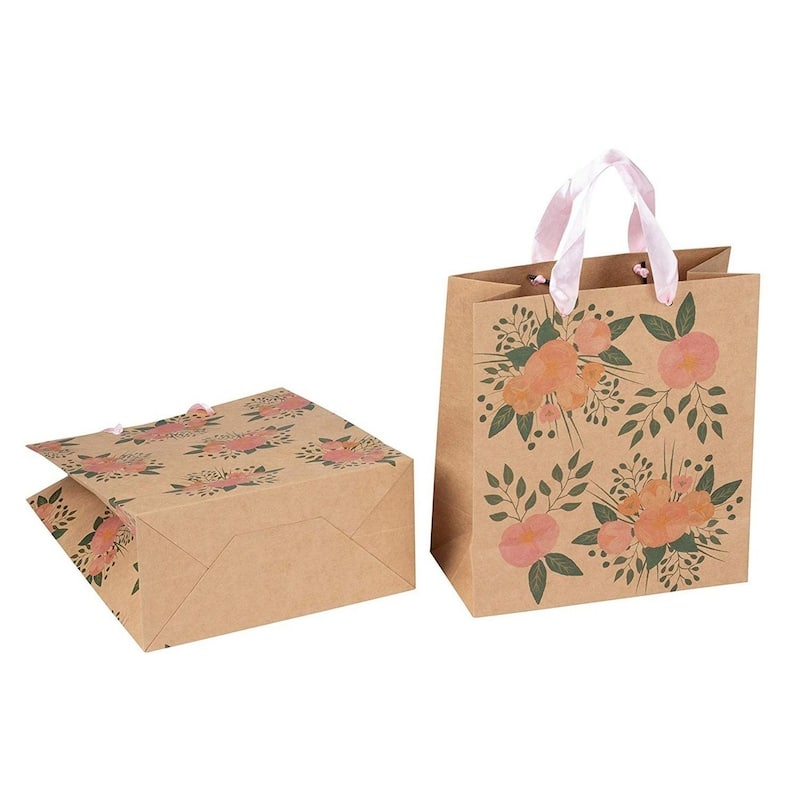 Juvale 24 Pack Kraft Paper Floral Gift Bags with Pink Ribbon Handles, 2 Designs, 9 x 8"