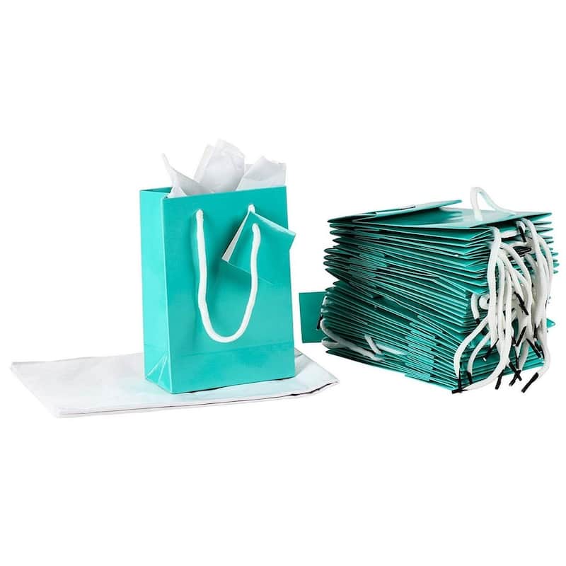 Blue Panda 20-Pack Small Teal Gift Bags with Tissue Paper, 7.9 x 5.5 x 2.5 In