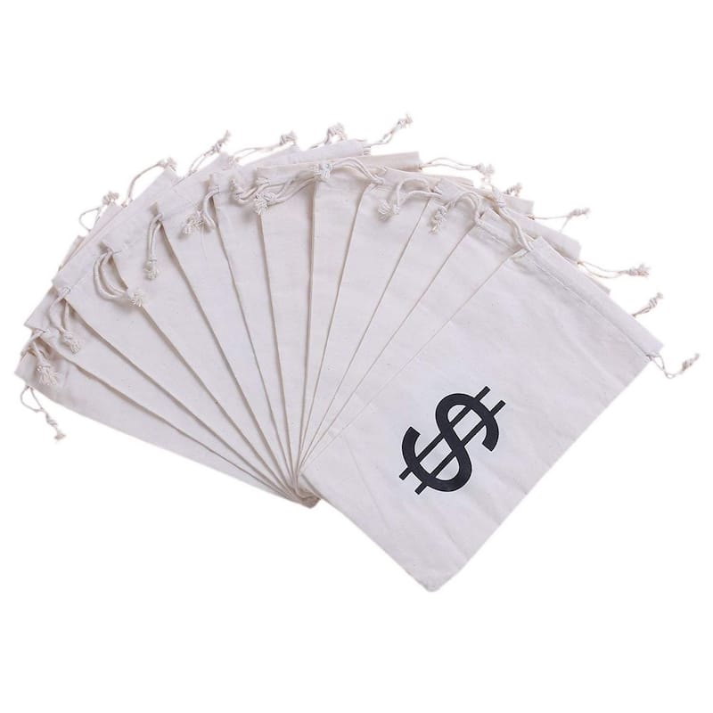 Juvale 12-Pack Money Bag Pouch with Drawstring Closure and Dollar Sign Symbol, 4.7"x9"