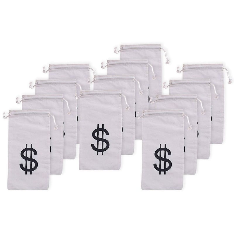 Juvale 12-Pack Money Bag Pouch with Drawstring Closure and Dollar Sign Symbol, 4.7"x9"