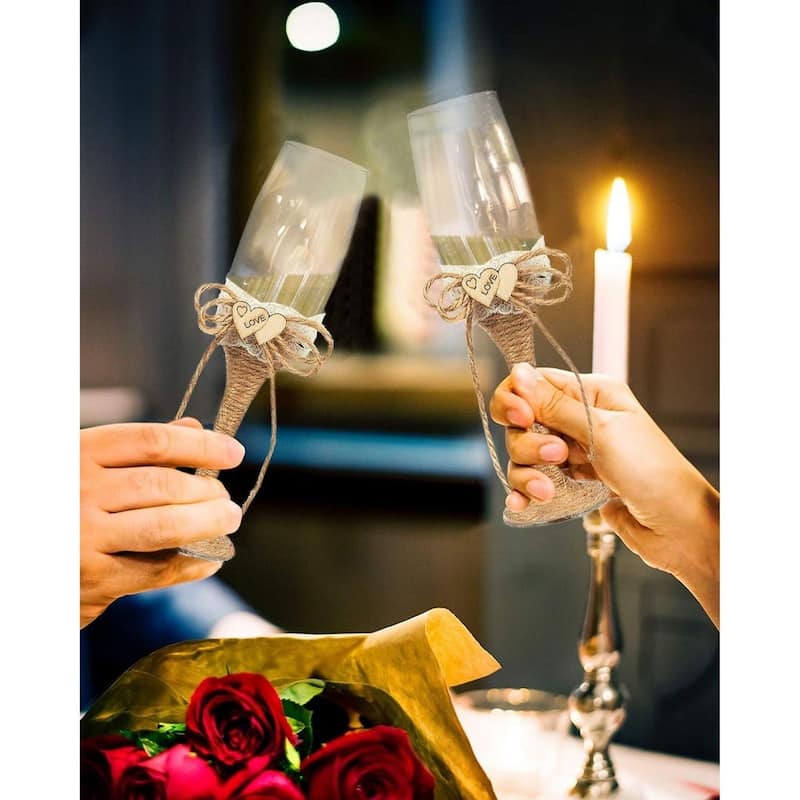 Juvale Rustic-Style Wedding Cake Knife and Server Set with Champagne Glasses (4 Piece)