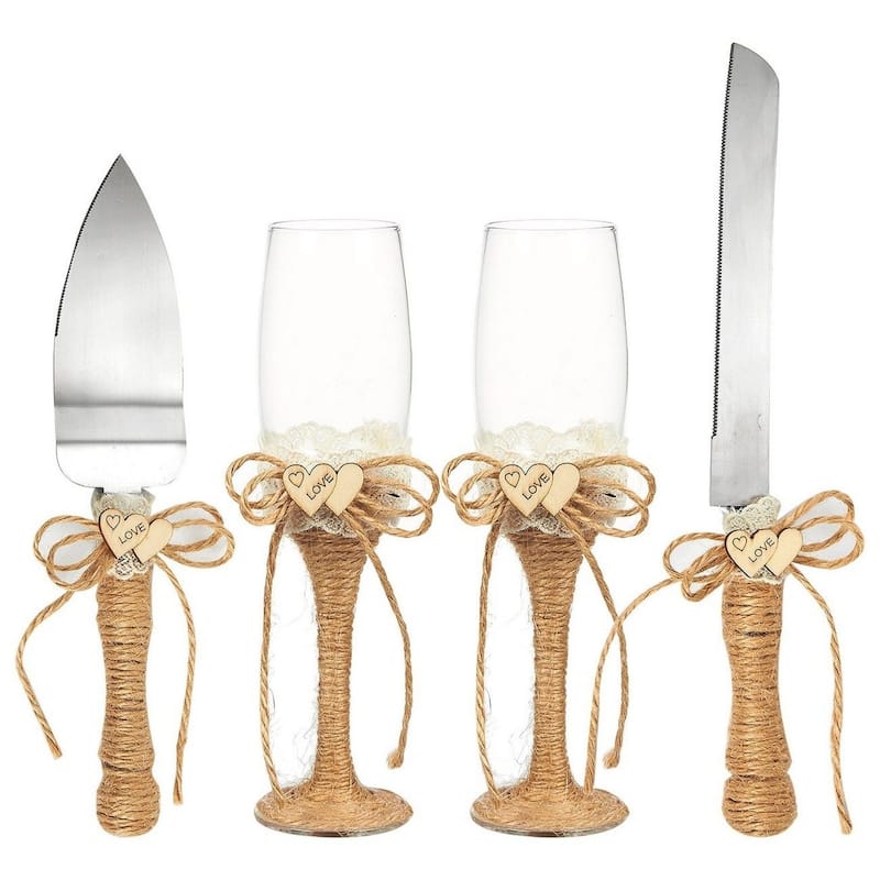Juvale Rustic-Style Wedding Cake Knife and Server Set with Champagne Glasses (4 Piece)