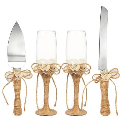 Juvale Rustic-Style Wedding Cake Knife and Server Set with Champagne Glasses (4 Piece)