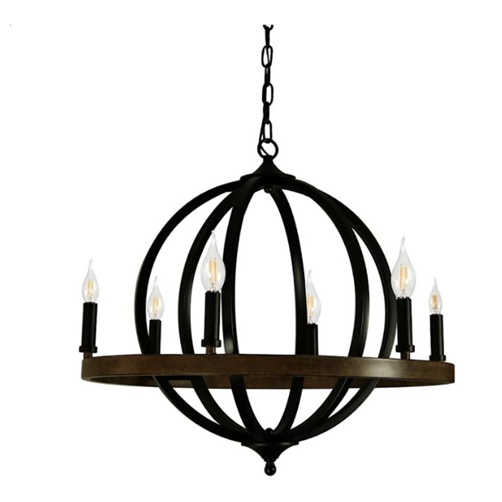 Canyon Home 6 Light Chandelier Globe Matte Black Round  Steel Sphere with Wood Patterned Decorative Circle - Chandeliers For Bedrooms by Overstock.com