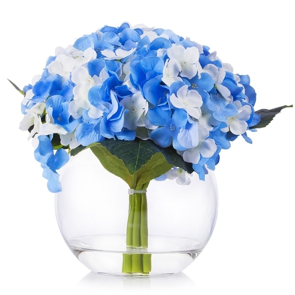 Enova Home Silk Hydrangea Flower Arrangement in Clear Glass Vase With Faux Water For Home Decoration - N/A
