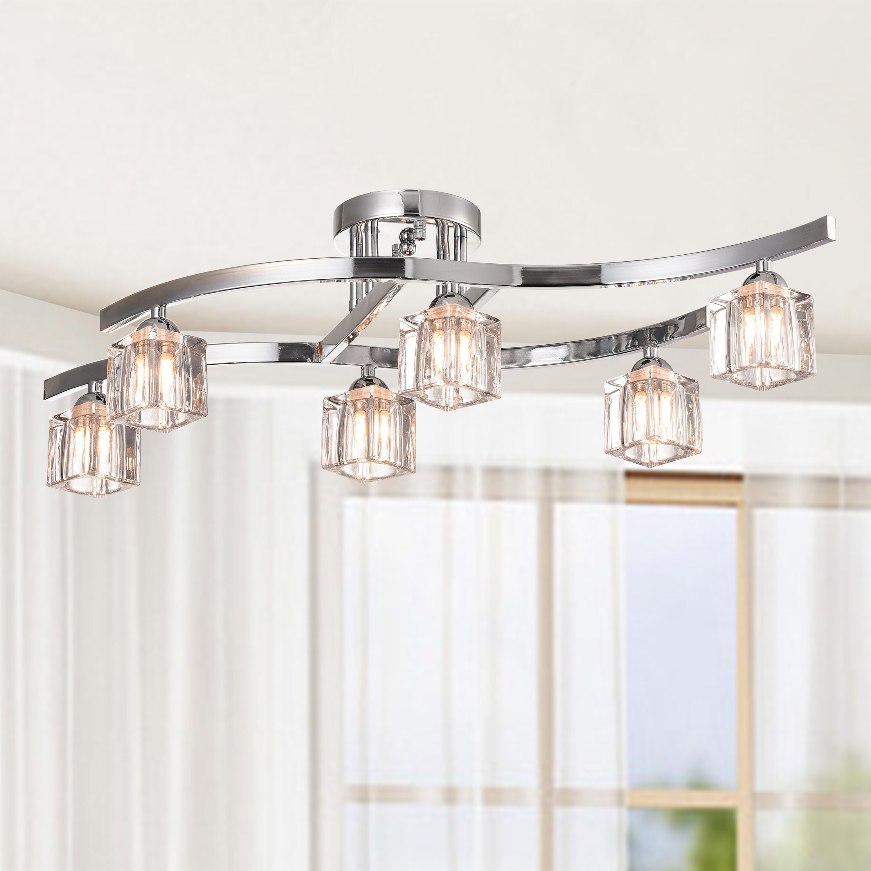 Aika 6 Light Chrome Flush Mount With Clear Shades Aika 6 Light Chrome Flush Mount