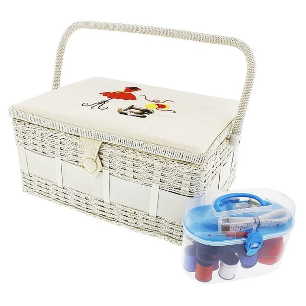 slide 1 of 9, Vintage Sewing Basket Organizer Box Kit with Hand Sewing Supplies, Rectangular