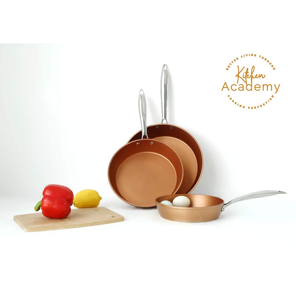 Kitchen Academy Red Copper Ceramic 3 Piece Nonstick Induction Cookware Set - 8/9.5/11 inch