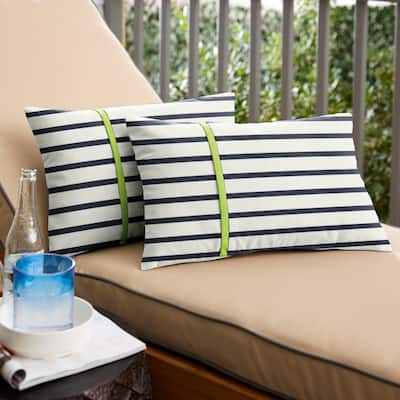 Sunbrella Blue Stripes with Macaw Green Indoor/Outdoor Lumbar Pillows Set of 2