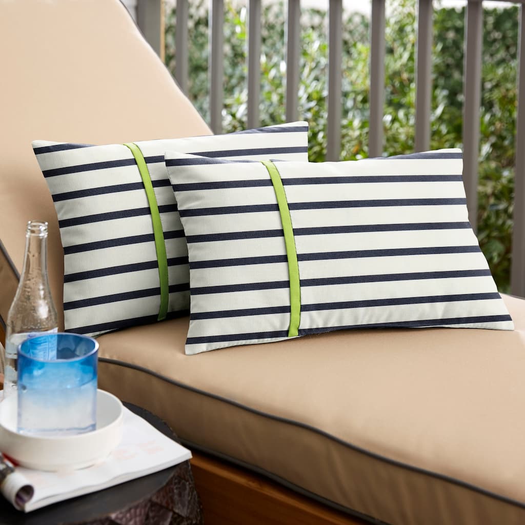 Sunbrella Blue Stripes with Macaw Green Indoor/Outdoor Lumbar Pillows Set of 2