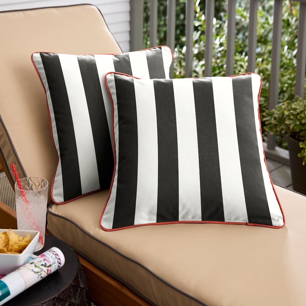 Roah Black White Stripe with Melon Coral Orange Indoor/Outdoor Square Pillows (Set of 2) by Havenside Home