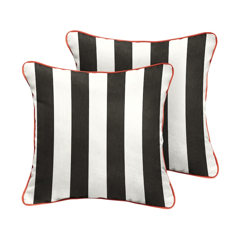 Roah Black White Stripe with Melon Coral Orange Indoor/Outdoor Square Pillows (Set of 2) by Havenside Home