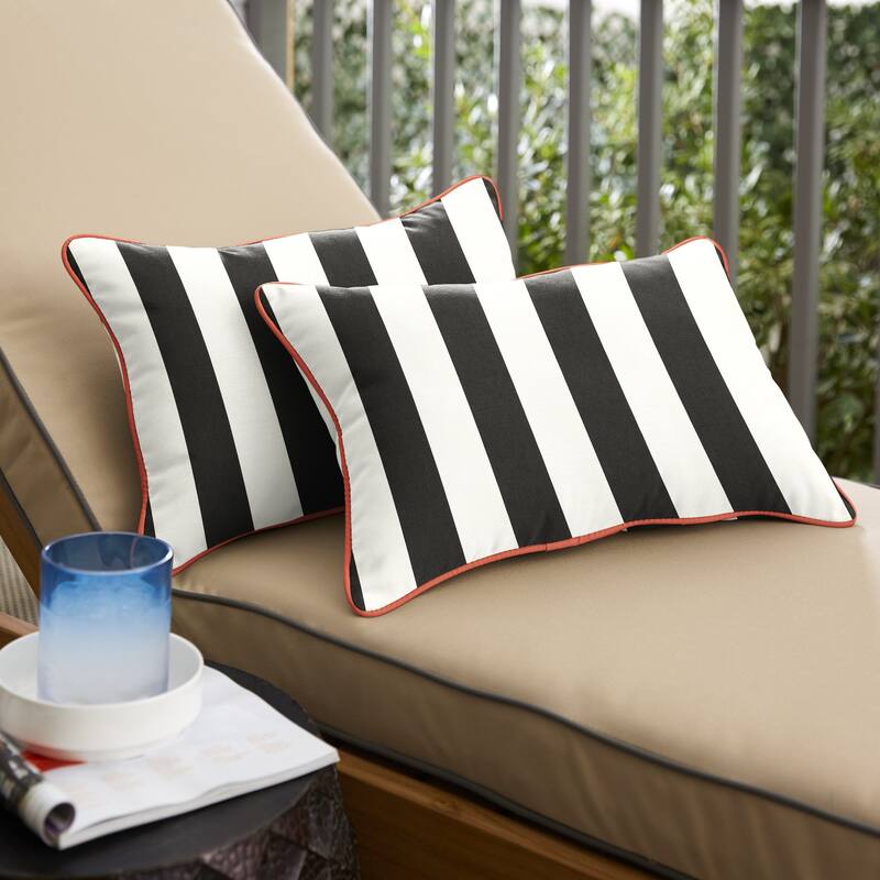Roah Black White Stripe with Melon Coral Orange Indoor/Outdoor Lumbar Pillows (Set of 2) by Havenside Home