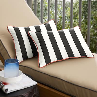Roah Black White Stripe with Melon Coral Orange Indoor/Outdoor Lumbar Pillows (Set of 2) by Havenside Home