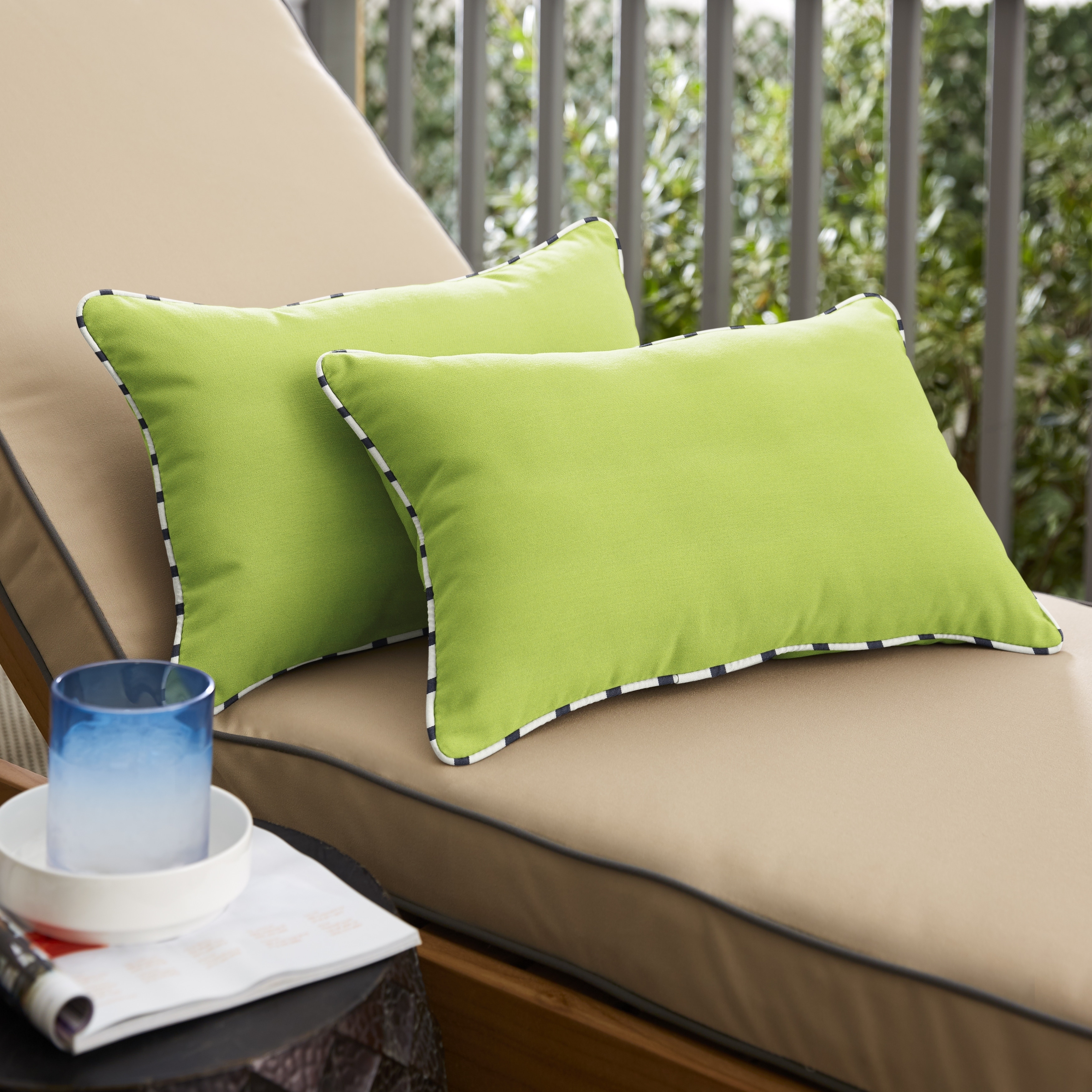 Sunbrella Macaw Green with Blue White Stripe Indoor/Outdoor Lumbar Pillows Set of 2