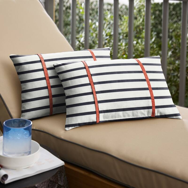 Sunbrella Striped Blue and Coral Orange Indoor/ Outdoor Lumbar Pillows (Set of 2)