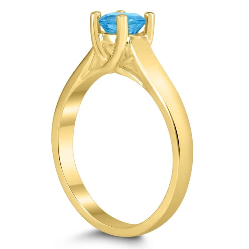 Round 5MM Blue Topaz Cathedral Solitaire Ring in 10K Yellow Gold