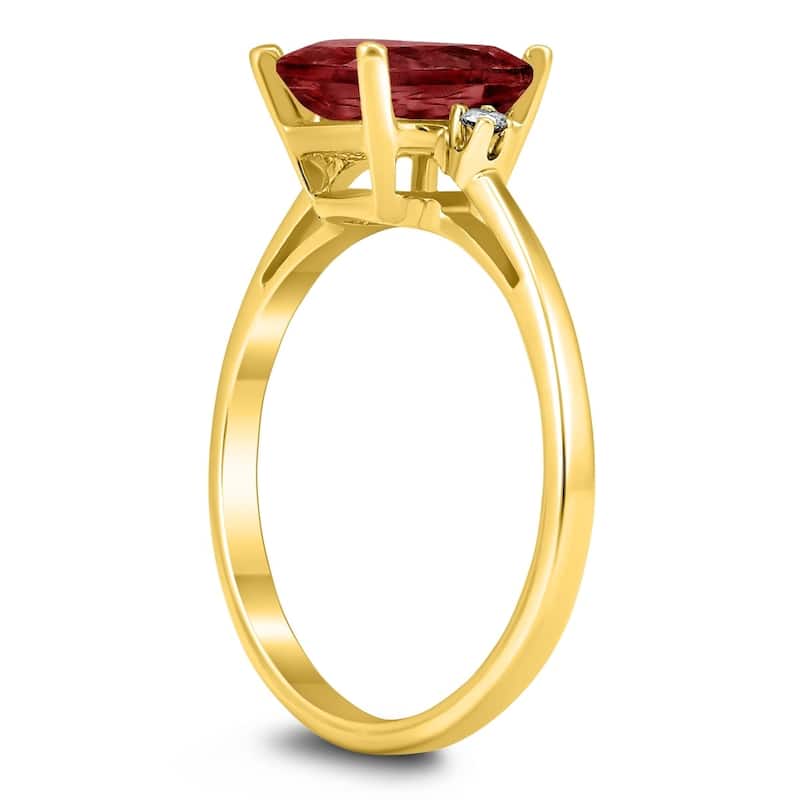 Emerald Cut 8X6MM Garnet and Diamond Three Stone Ring in 10K Yellow Gold