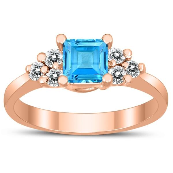 Princess Cut 5X5MM Blue Topaz and Diamond Duchess Ring in 10K Rose Gold ...