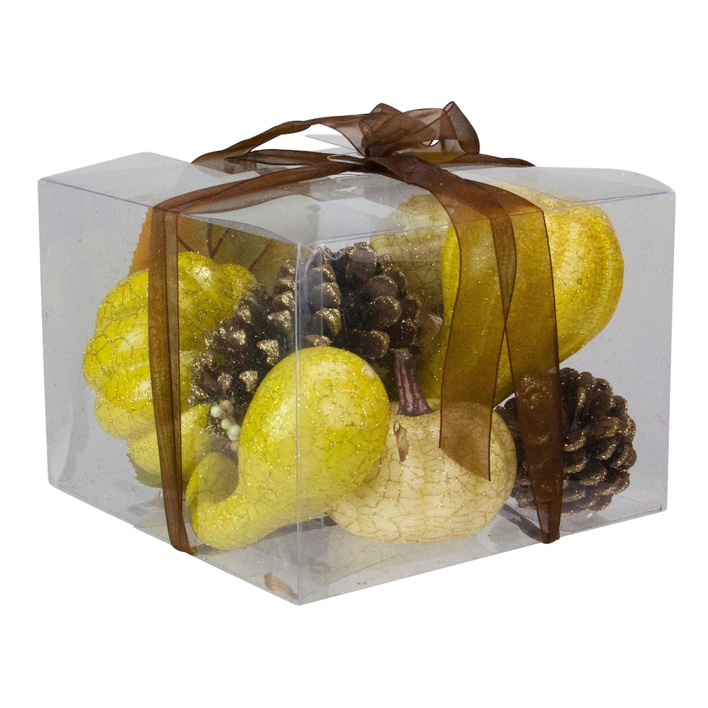 Set of 12 Crackled and Glittered Fall Pumpkin Gourd Berry Pine Cone Decoration Set