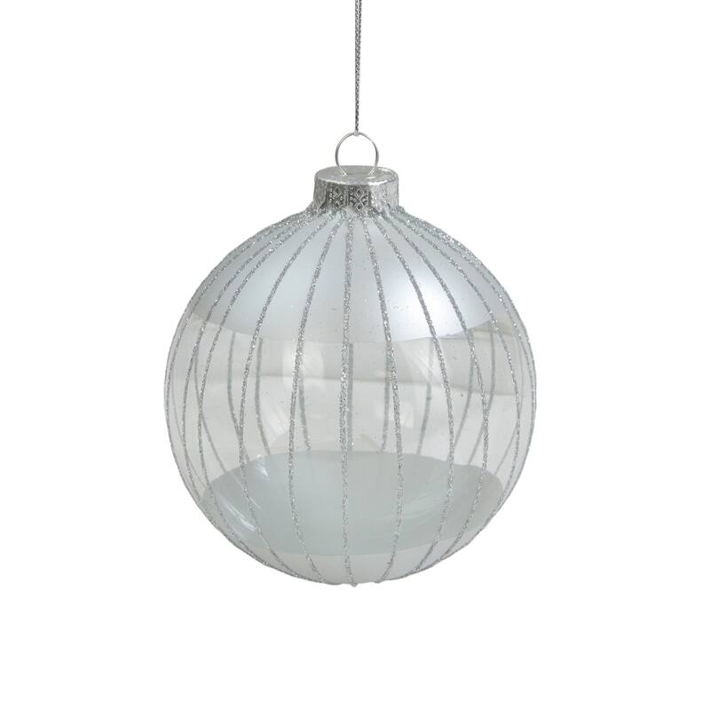 Clear and Silver Glitter Striped Glass Ball Christmas Ornament 4" (100mm) - N/A