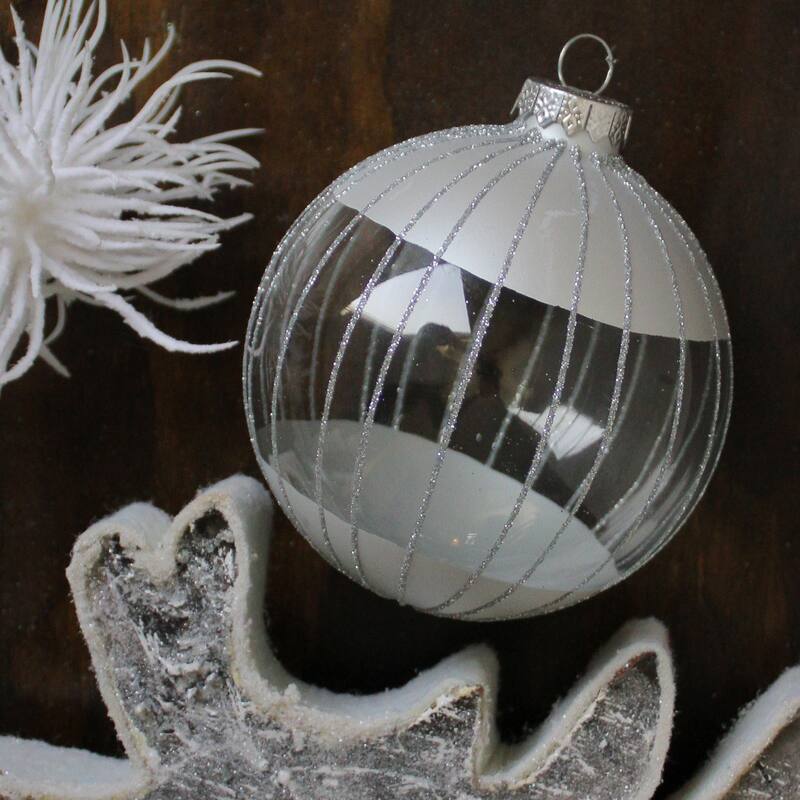 Clear and Silver Glitter Striped Glass Ball Christmas Ornament 4" (100mm) - N/A