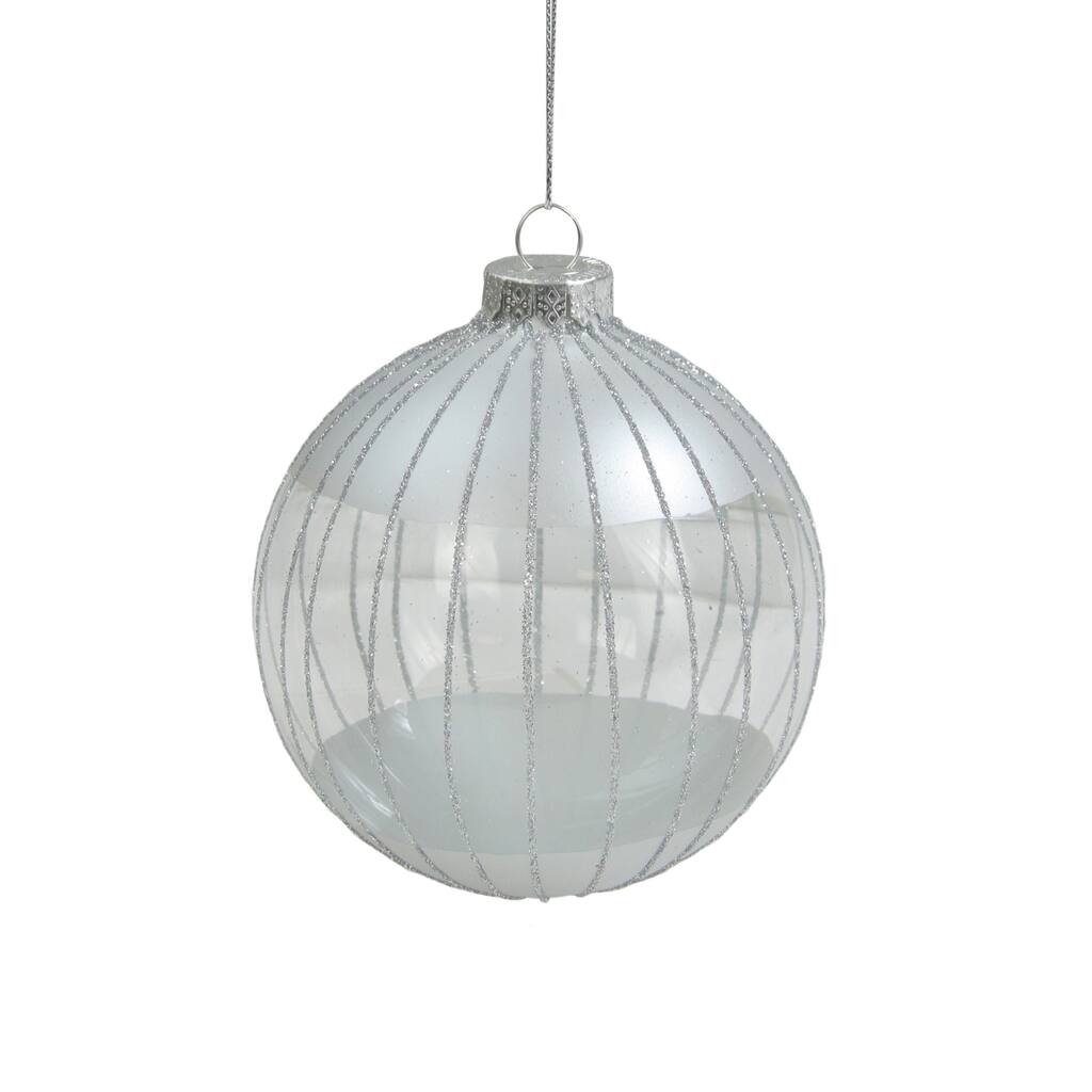 Clear and Silver Glitter Striped Glass Ball Christmas Ornament 4" (100mm) - N/A