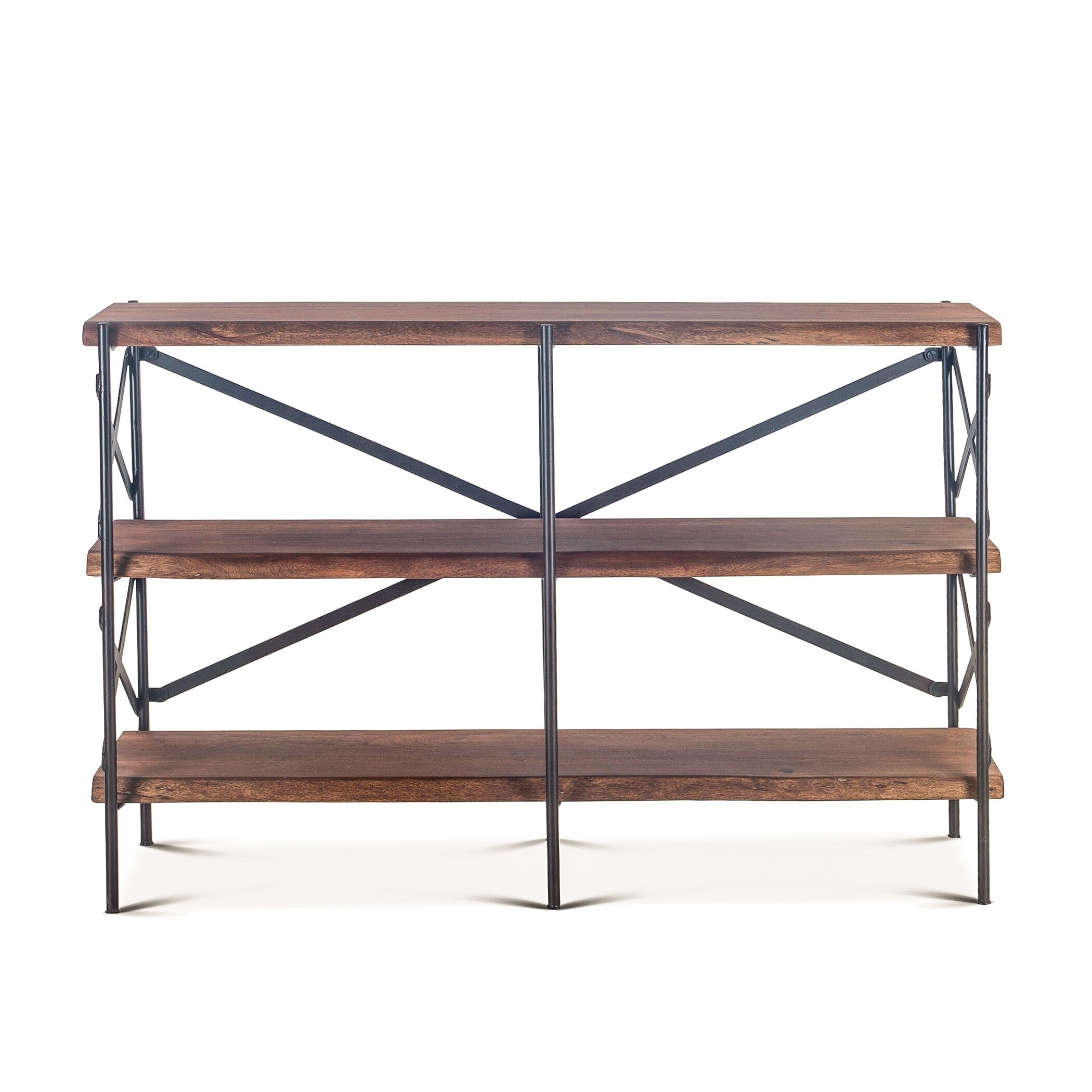 A stylish industrial-style shelving unit with wooden shelves and black metal frame placed in a living room.