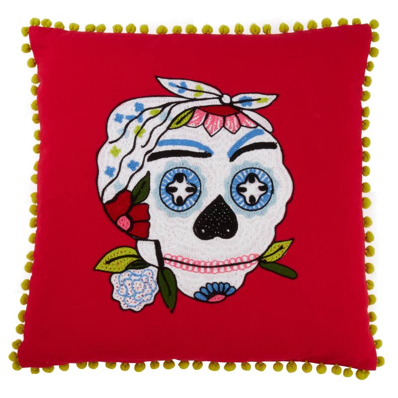 Pom Pom Trimmed Sugar Skull Pillow