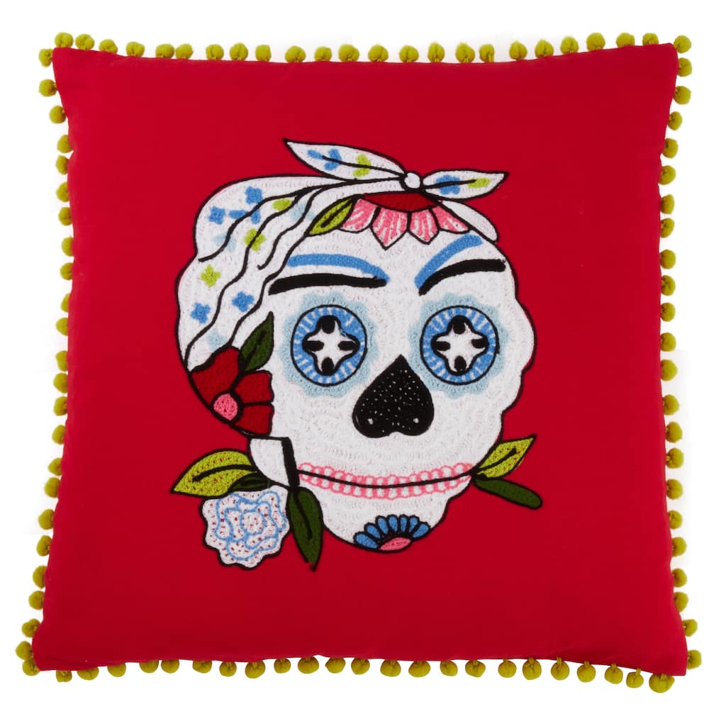 Pom Pom Trimmed Sugar Skull Pillow
