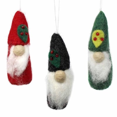 Handmade Felted Wool Christmas Gnome Ornaments, Set of 3 - Red,Grey,Green