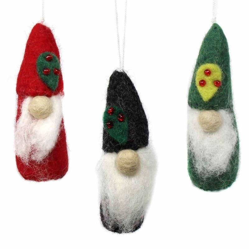 Handmade Felted Wool Christmas Gnome Ornaments, Set of 3 - Red,Grey,Green