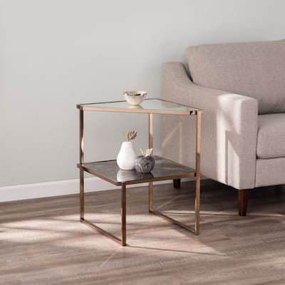 Silver Orchid Tarton Mirrored Side Table w/ Faux Stone Glass