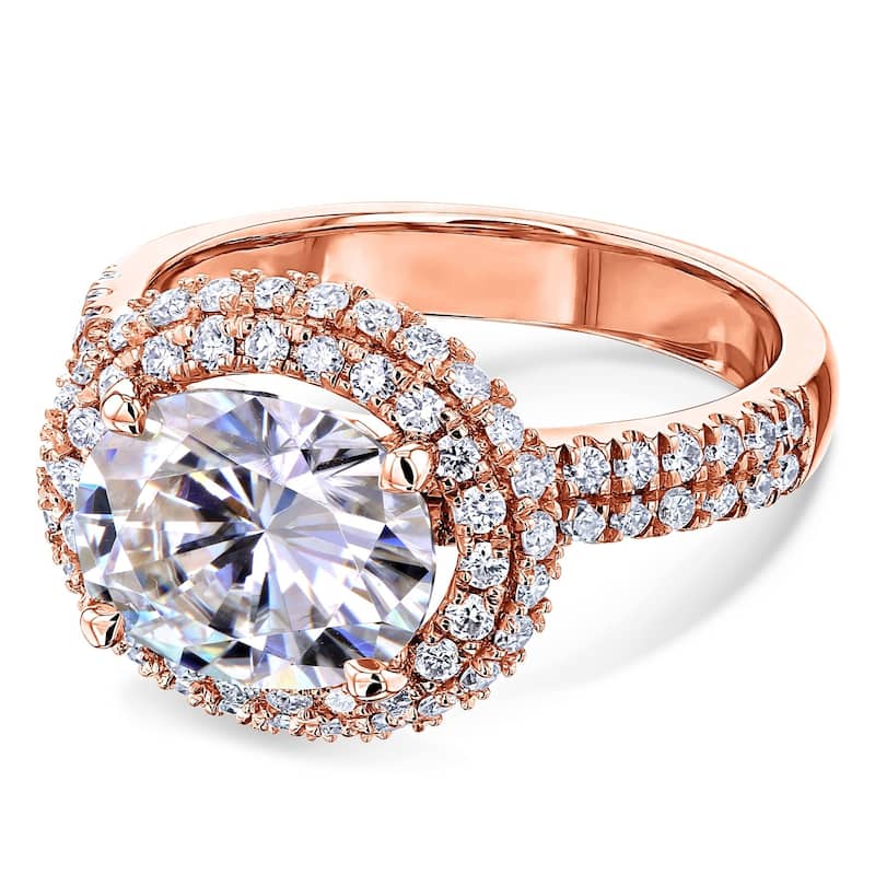 Annello by Kobelli 14k Gold 3 3/4ct TGW Oval Moissanite and Diamond Double Halo East-West Engagement Ring (HI/VS, GH/I)