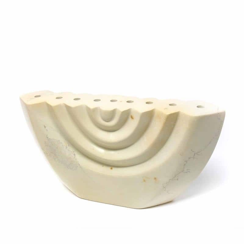 Handmade Carved Soapstone Menorah, White Etched