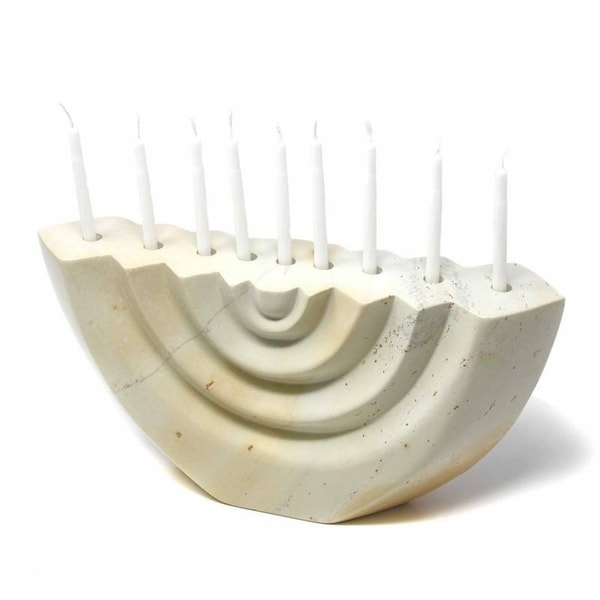 Handmade Carved Soapstone Menorah, White Etched. Opens flyout.