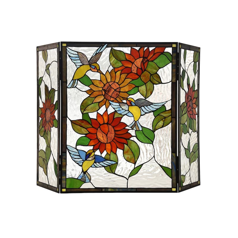 Gracewood Hollow Tsibinda Tiffany-style Floral Stained Glass 3-panel Fireplace Screen