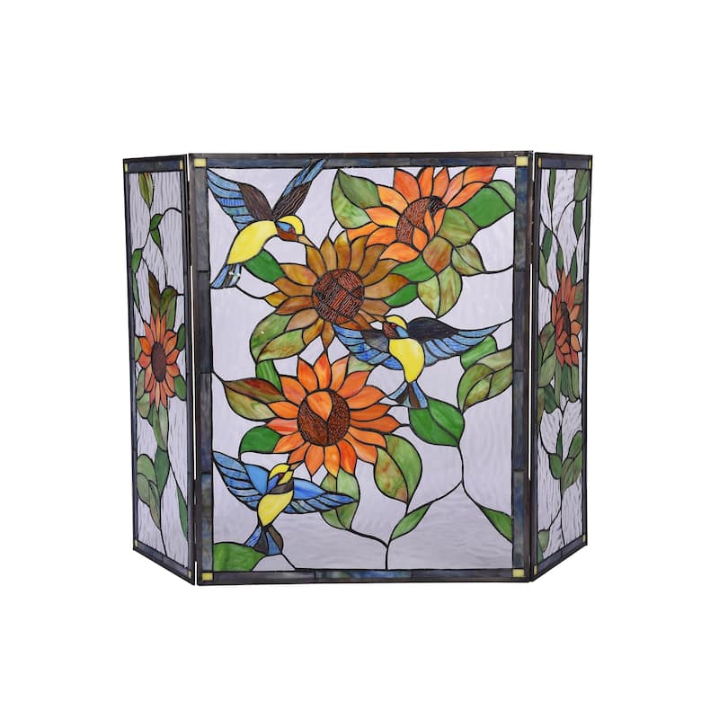 Gracewood Hollow Tsibinda Tiffany-style Floral Stained Glass 3-panel Fireplace Screen