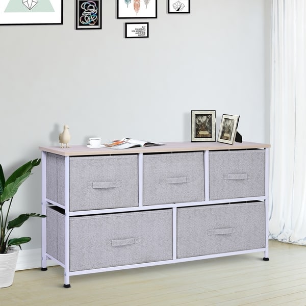Porch & Den Dow Grey/ White 5-drawer Storage Cube Dresser with Fabric Bins