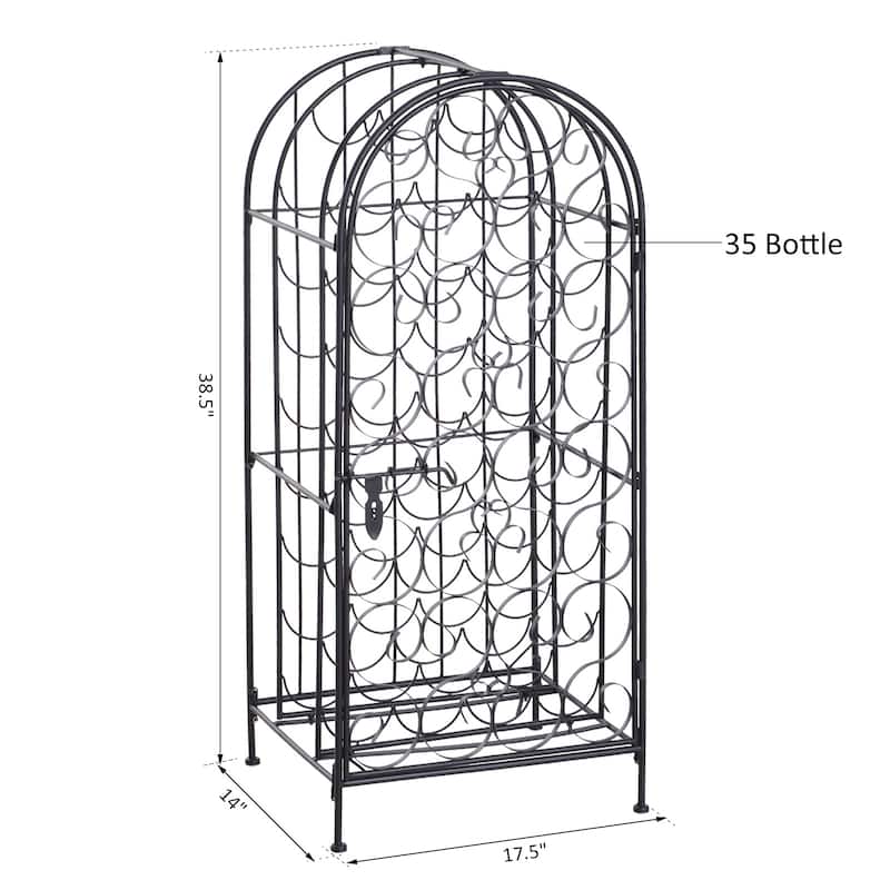 HOMCOM 35 Bottle Wrought Iron Wine Rack Jail with Lock - Black - 17.5*14*38.5