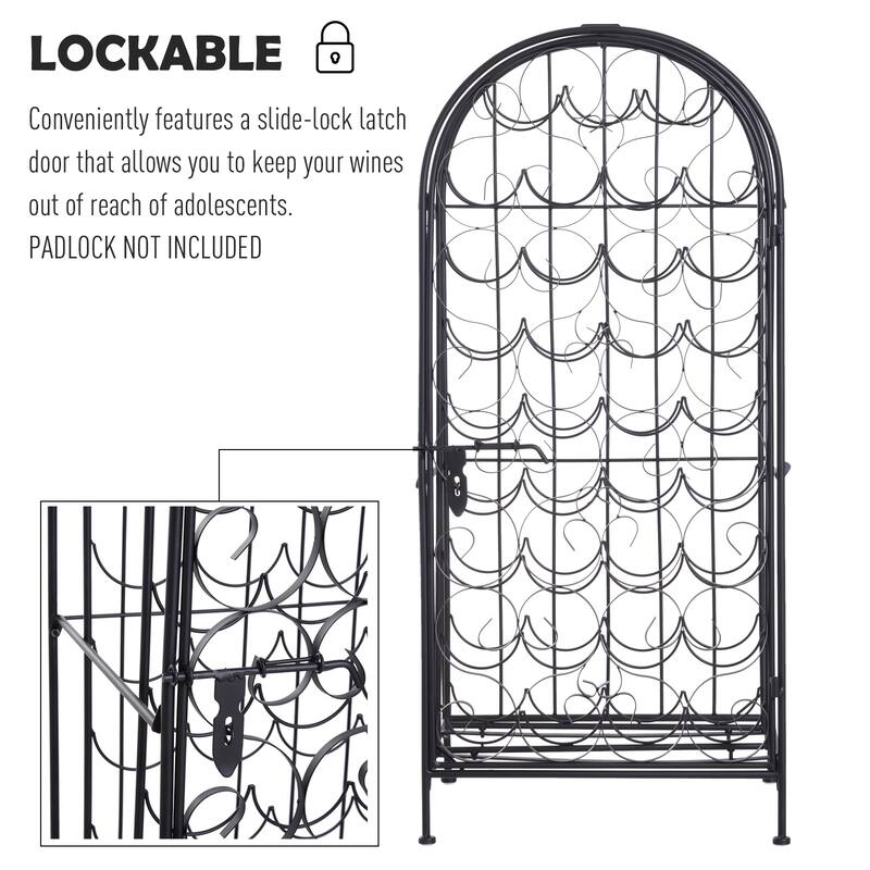 HOMCOM 35 Bottle Wrought Iron Wine Rack Jail with Lock - Black - 17.5*14*38.5