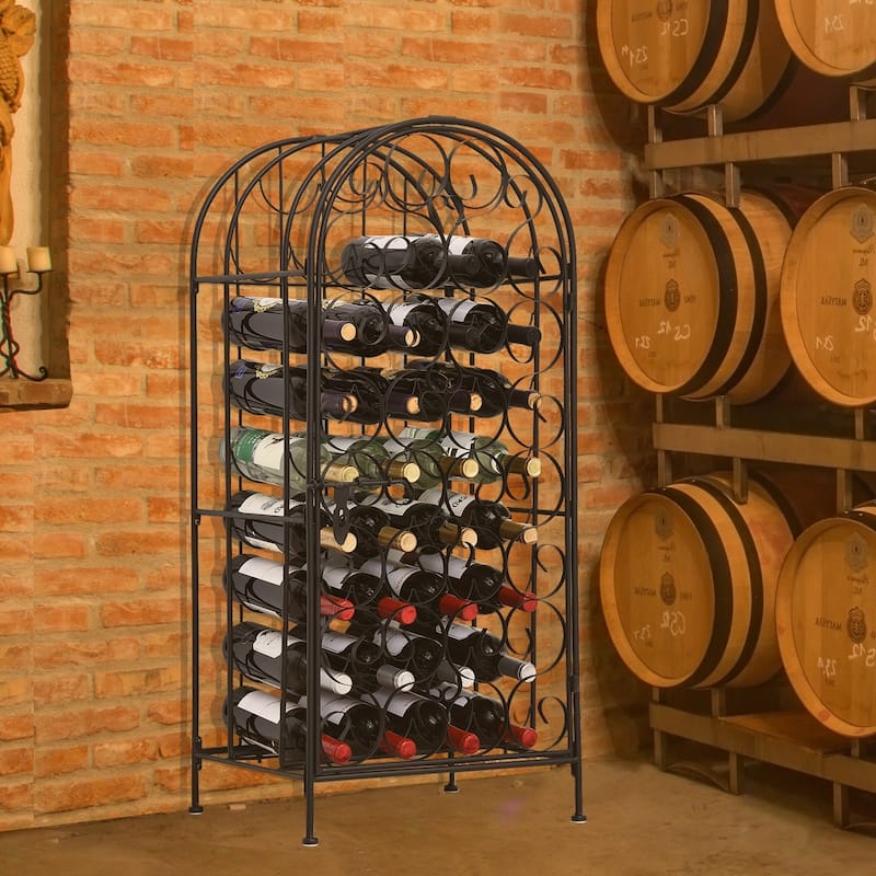 HOMCOM 35 Bottle Wrought Iron Wine Rack Jail with Lock - Black - 17.5*14*38.5