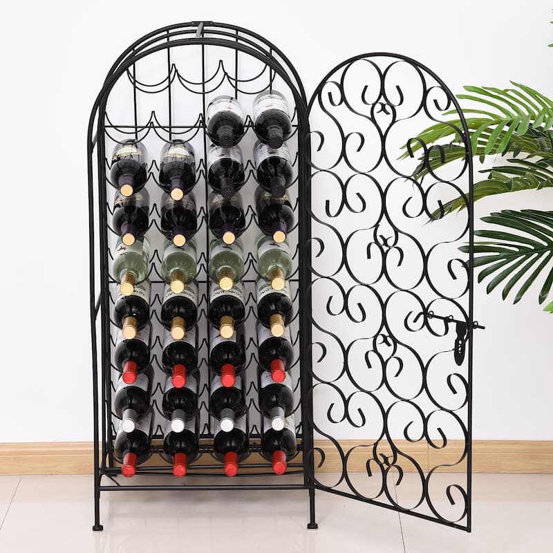 HOMCOM 35 Bottle Wrought Iron Wine Rack Jail with Lock - Black - 17.5*14*38.5