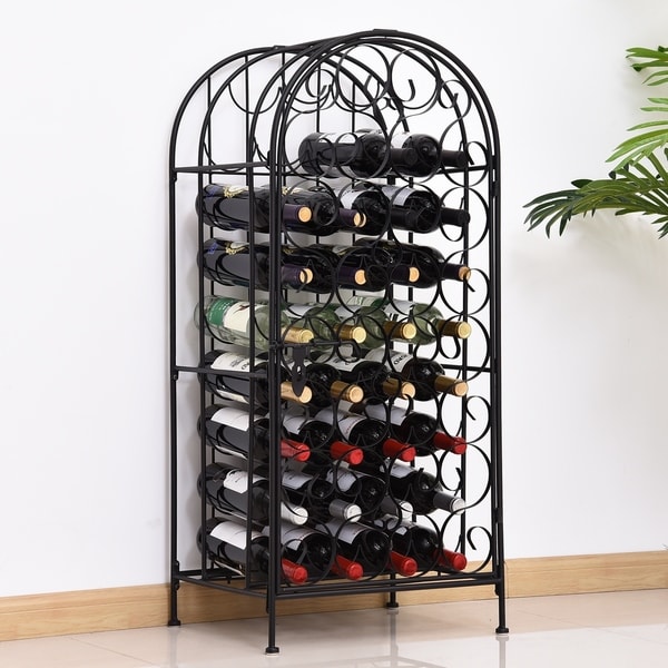 HOMCOM 35 Bottle Wrought Iron Wine Rack Jail with Lock Black