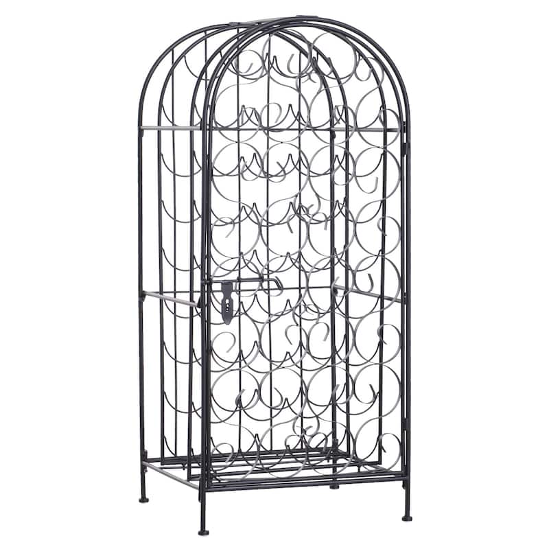 HOMCOM 35 Bottle Wrought Iron Wine Rack Jail with Lock - Black - 17.5*14*38.5
