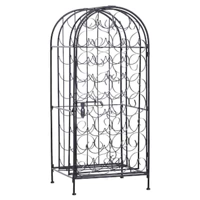 HOMCOM 35 Bottle Wrought Iron Wine Rack Jail with Lock - Black - 17.5*14*38.5