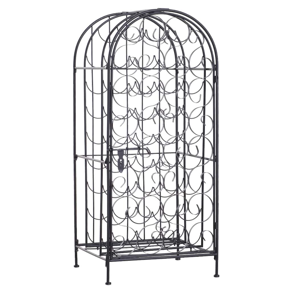 HOMCOM 35 Bottle Wrought Iron Wine Rack Jail with Lock - Black - 17.5*14*38.5
