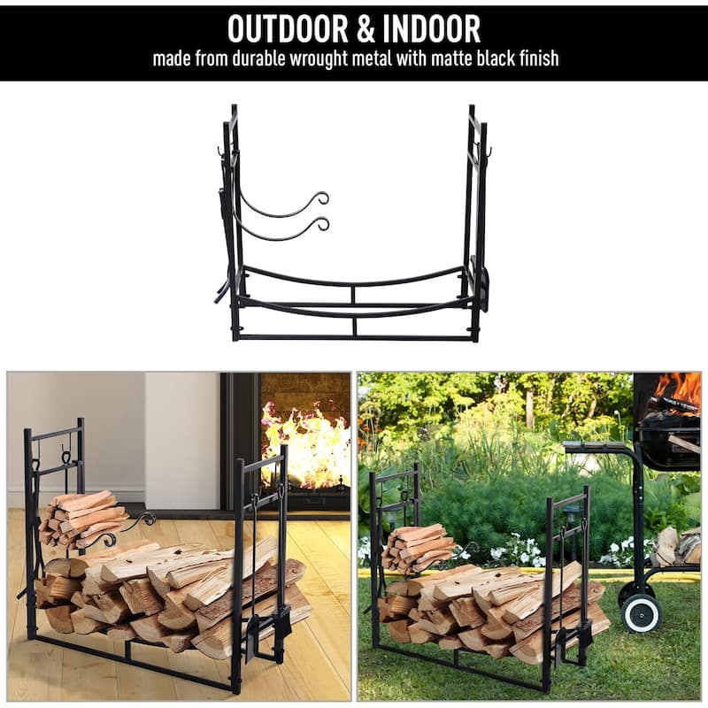 Outsunny Wrought Iron Metal Heavy-Duty Firewood Rack Indoor & Outdoor with Fireplace Tool Set