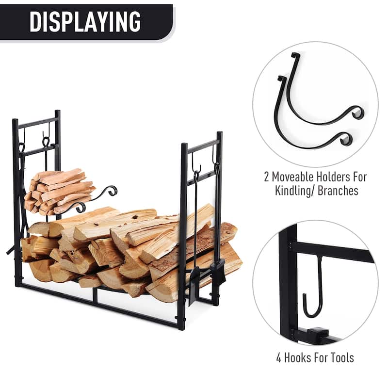 Outsunny Wrought Iron Metal Heavy-Duty Firewood Rack Indoor & Outdoor with Fireplace Tool Set
